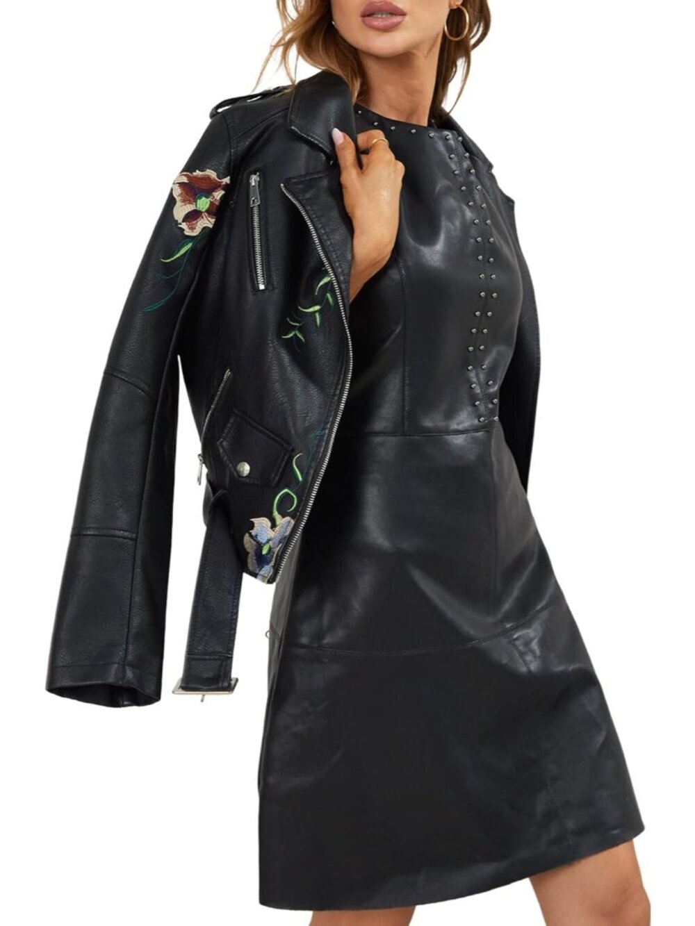 Women's Black Faux Leather Jacket Slim Fit Spring Fall Pockets Floral Moto Coat - Picture 2 of 6